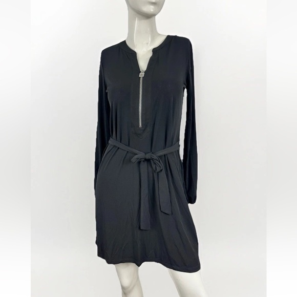 Michael Kors Women’s Sz S Black 1/4 Zip Front Dress Waist Tie W/ Long Sleeve - Picture 1 of 15